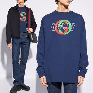 GUCCI MENS T-SHIRT INTERLOCKING G LOGO CREW NECK TOP BLUE COTTON